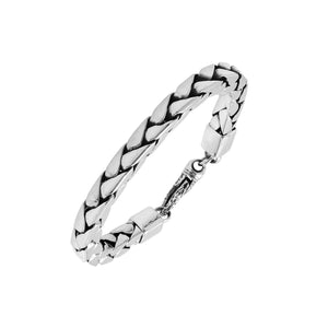 Wholesale sterling silver bracelet featuring a bold 5MM flat-weave chain design with polished and oxidized accents and a durable lobster lock.