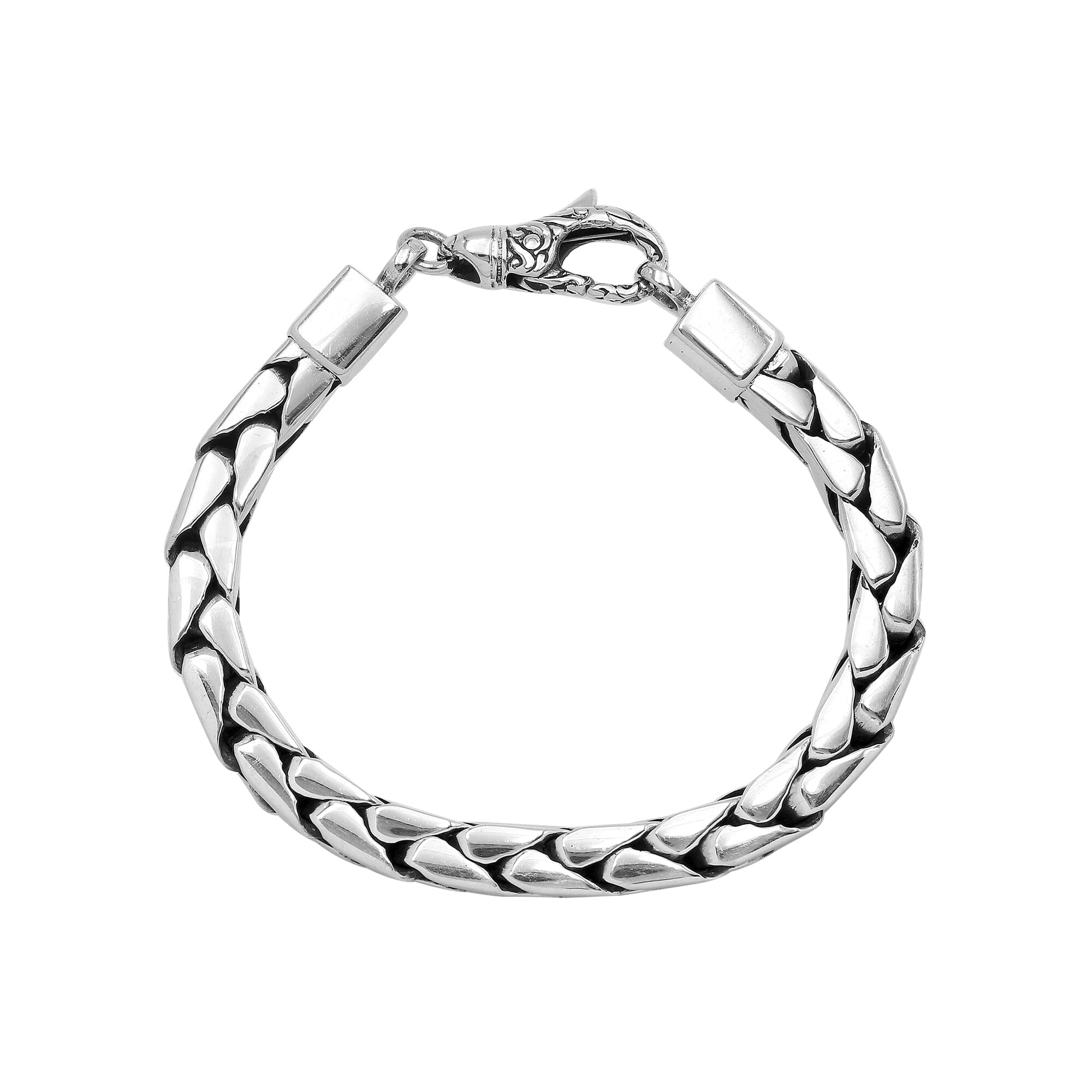 Wholesale sterling silver bracelet featuring a 6MM flat-weave chain design with polished and oxidized detailing and a durable, secure lobster lock closure.