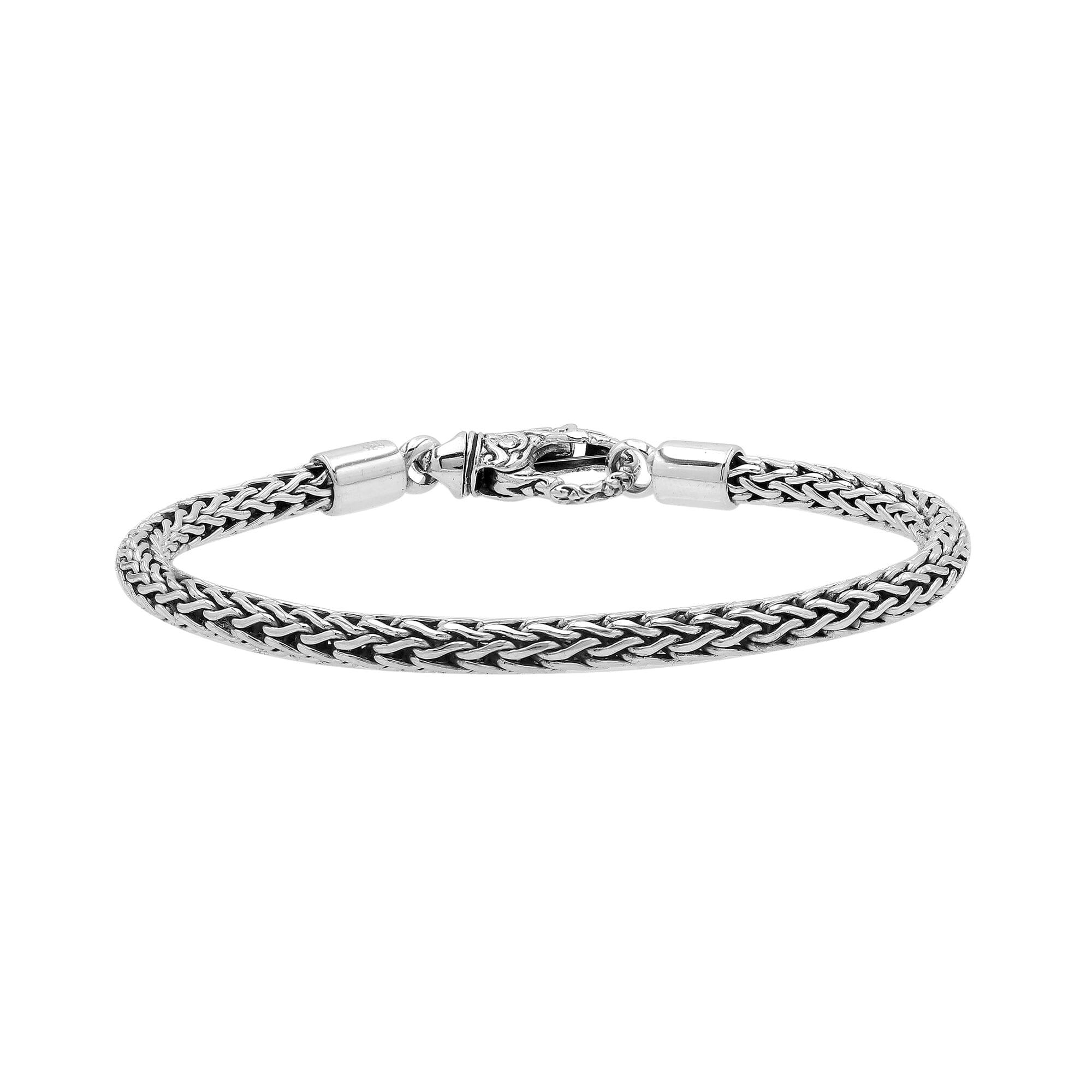 Wholesale sterling silver bracelet featuring a 4MM artisan-woven chain design with polished oxidized details and a decorative lobster lock for secure fastening.
