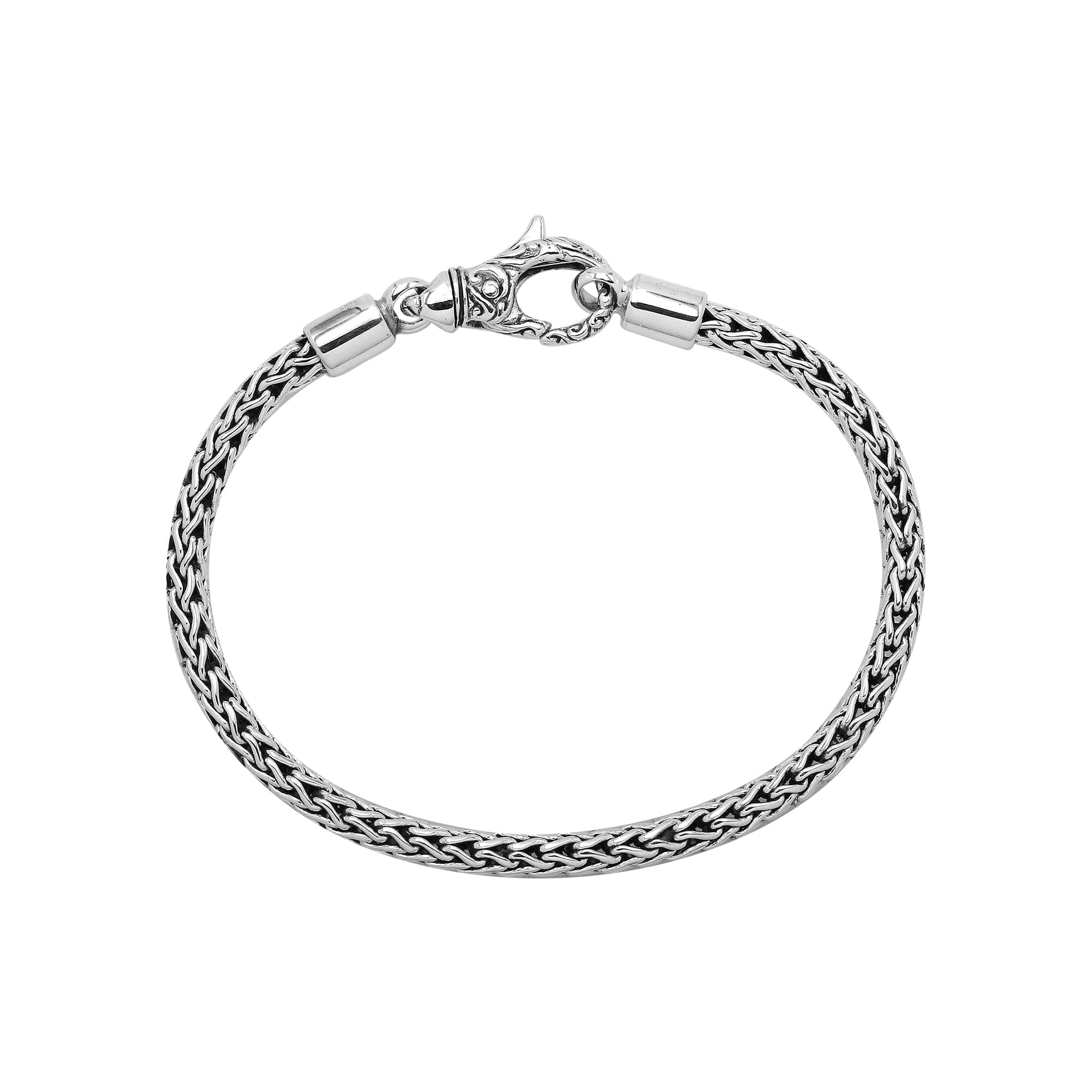 Wholesale sterling silver bracelet featuring a 4MM artisan-woven chain design with polished oxidized details and a decorative lobster lock for secure fastening.