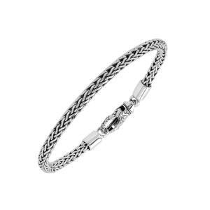 Wholesale sterling silver bracelet featuring a 4MM artisan-woven chain design with polished oxidized details and a decorative lobster lock for secure fastening.