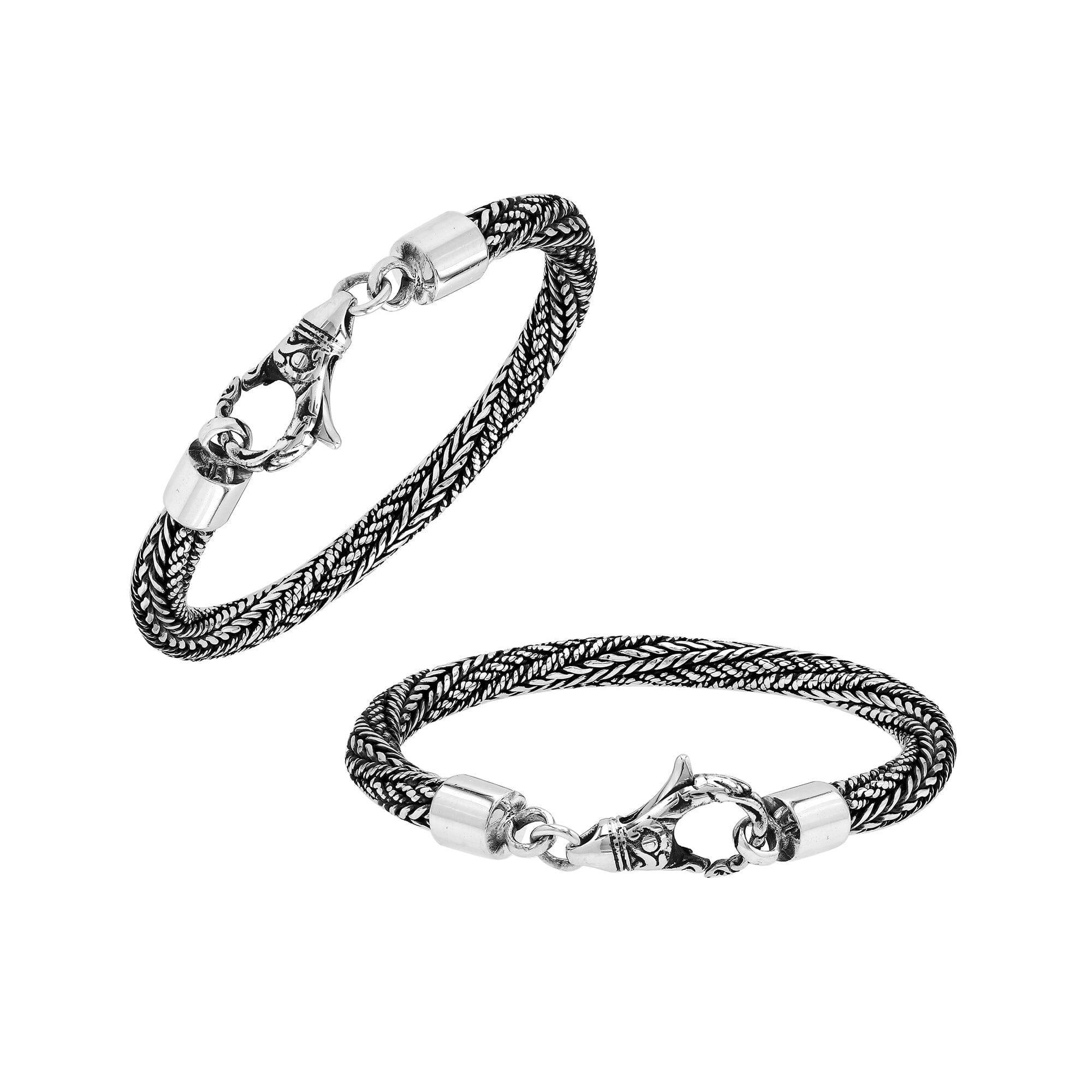 Wholesale sterling silver bracelet featuring a 5MM handwoven Balinese chain design with oxidized detailing and a decorative lobster lock for secure fastening and durability.