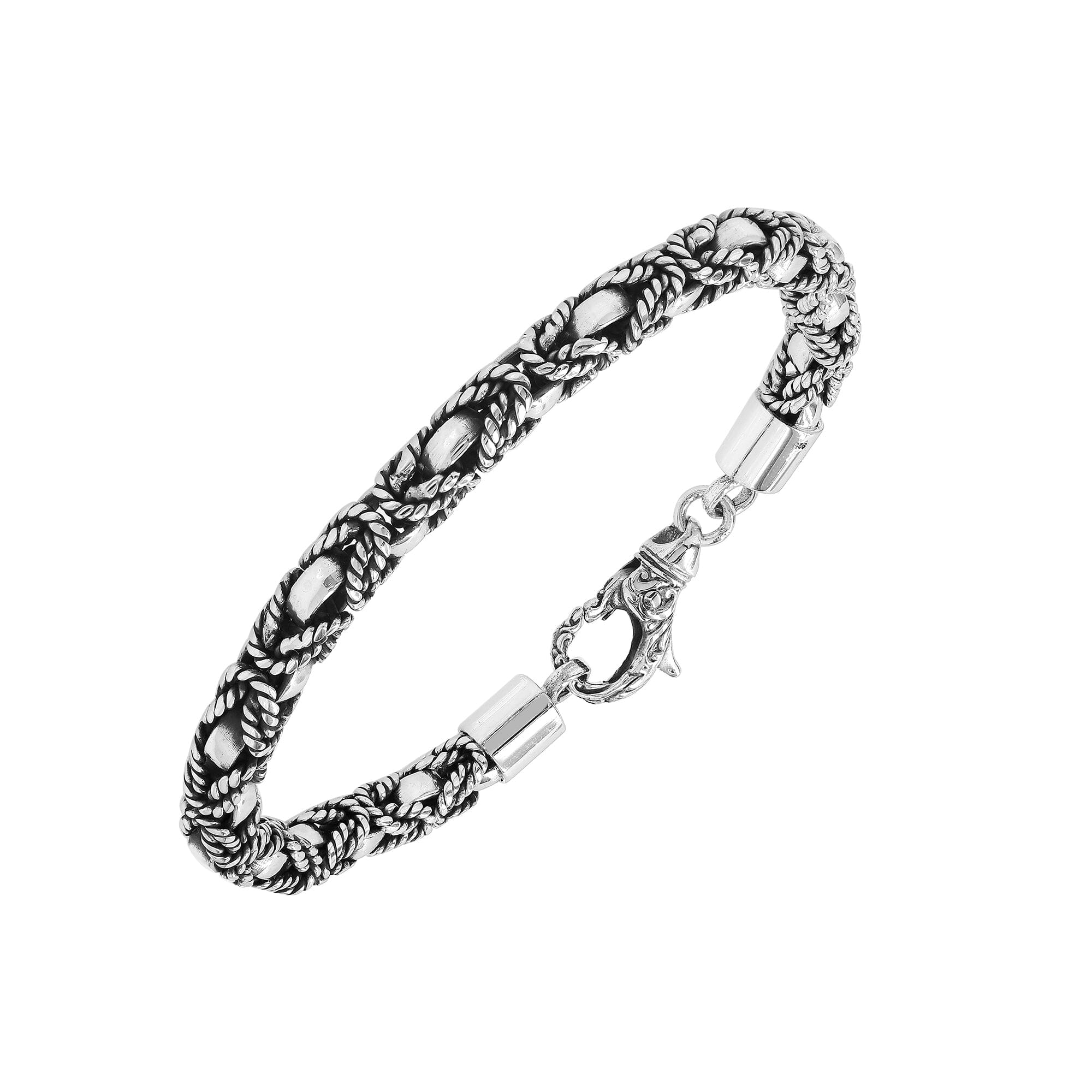 Wholesale sterling silver bracelet featuring a 6MM braided rope-pattern chain with oxidized highlights and an ornate lobster lock designed for strong, secure, handcrafted Balinese quality.