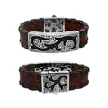 Wholesale sterling silver and brown leather bracelet featuring Balinese engraved panels, durable handwoven leather construction, and a secure box clasp for premium men's accessory collections.