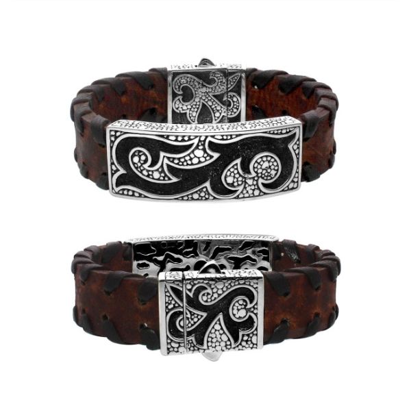 AB-8022-S-8" Sterling Silver Bracelet With Brown Leather & Plain Silver Jewelry Bali Designs Inc 