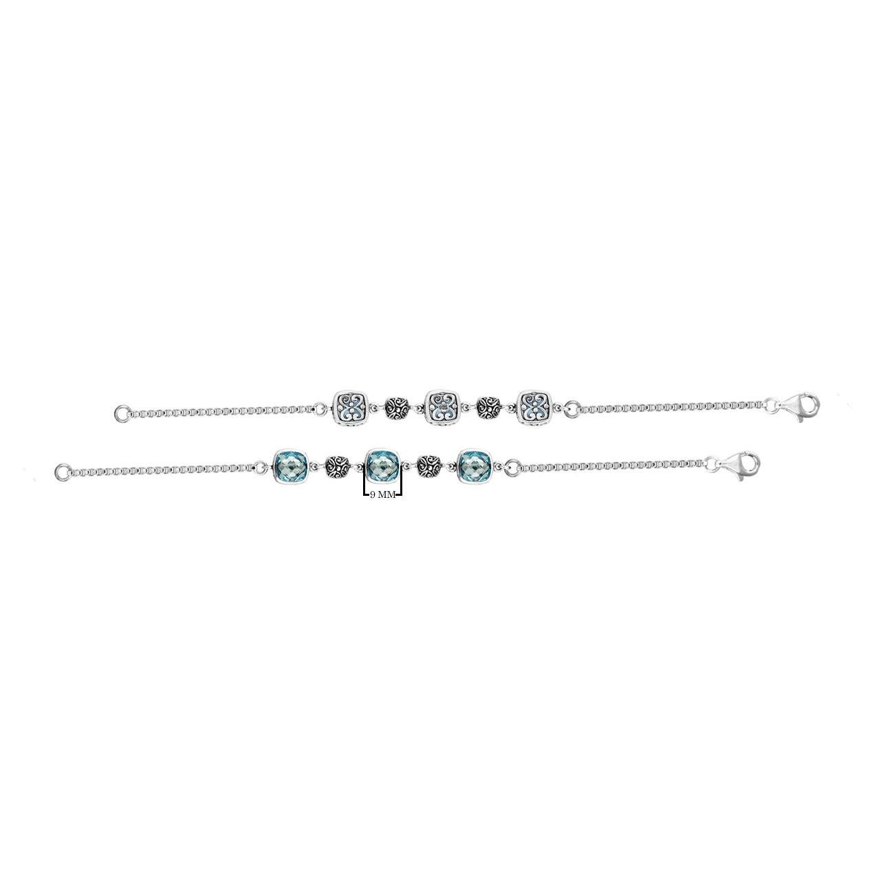 Wholesale sterling silver bracelet with blue topaz quartz stones and alternating Bali filigree links.