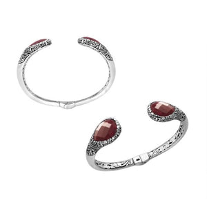 Wholesale sterling silver Bali engraved hinge cuff bracelet featuring ruby quartz accents and polished–oxidized detailing, crafted for premium bulk jewelry inventory selections.