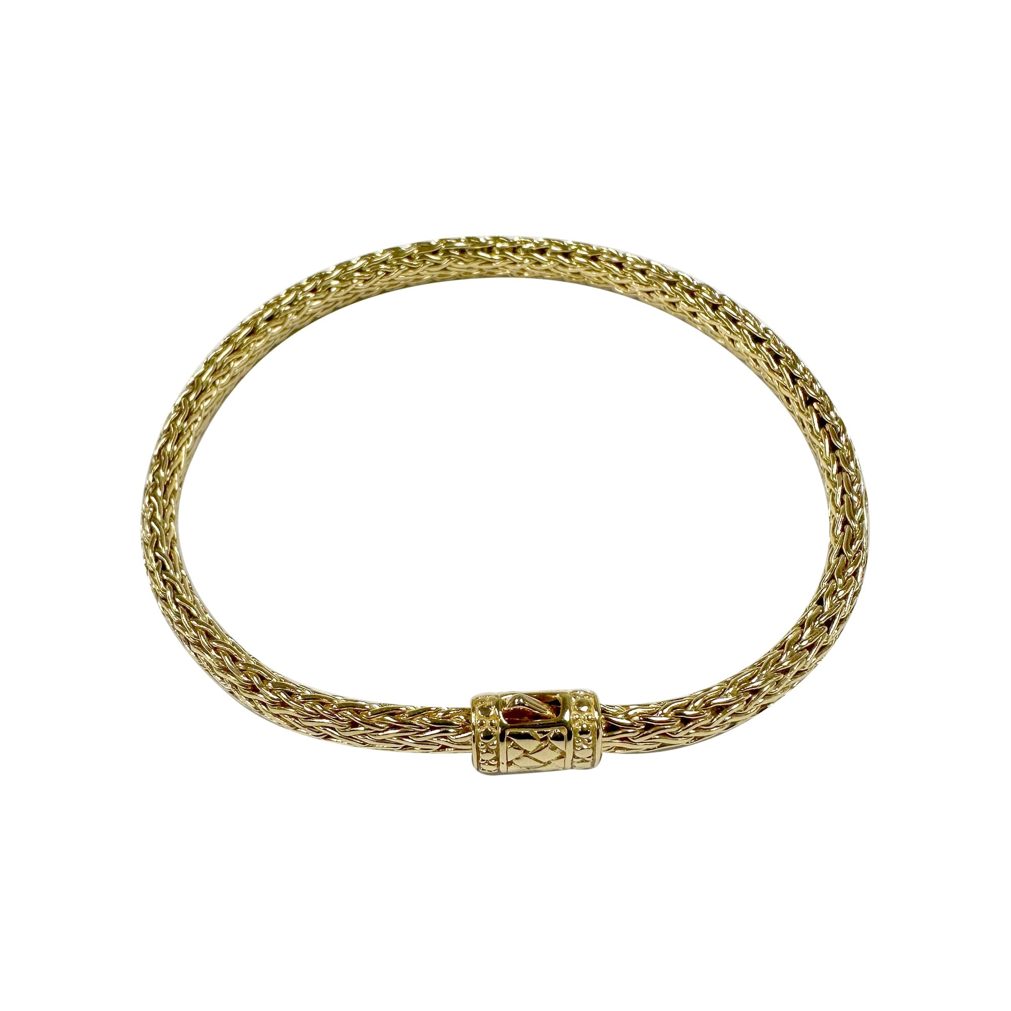 Wholesale 18K gold woven Bali chain bracelet featuring an ornate push clasp and high-polish finish, designed for premium inventory and upscale retail environments.