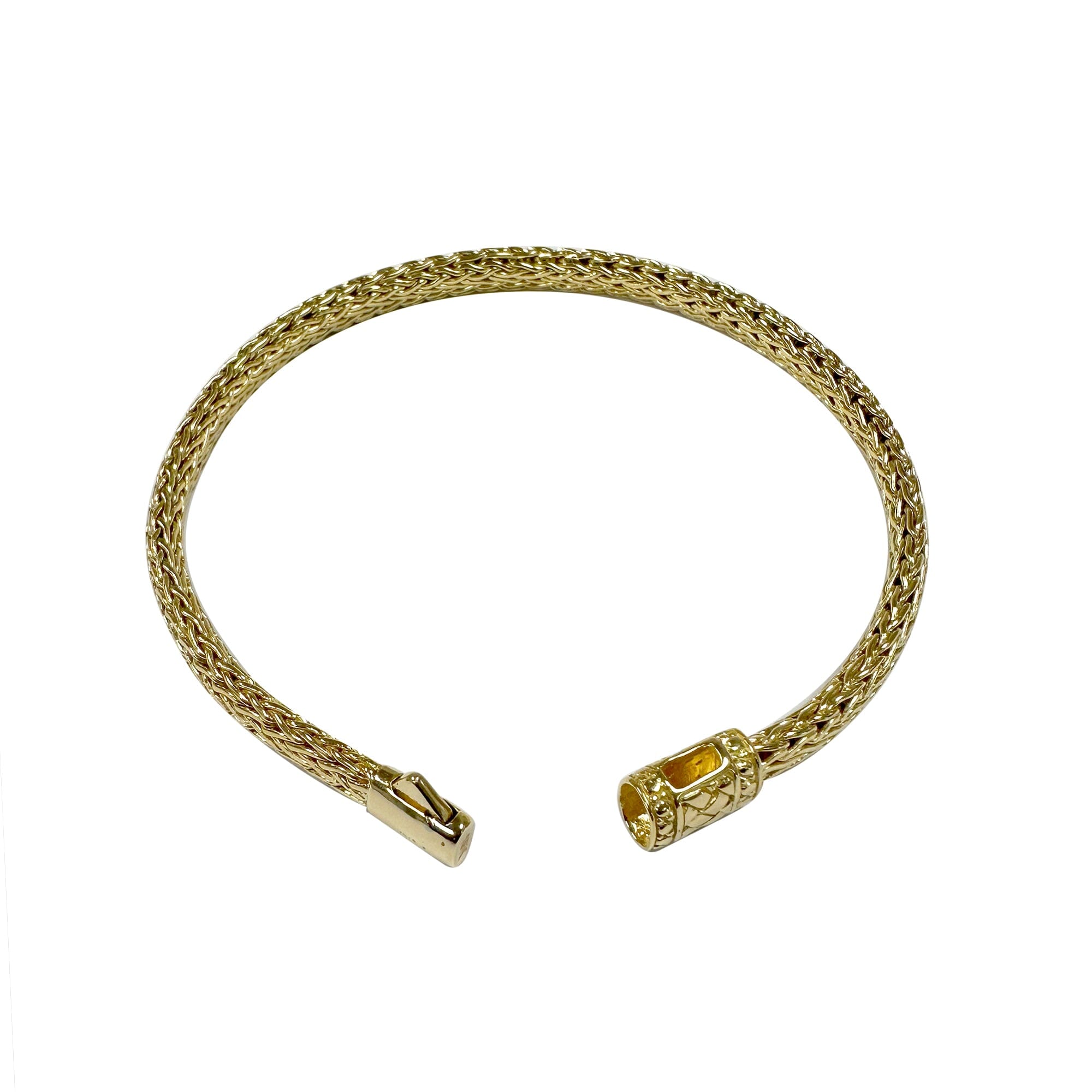 Wholesale 18K gold woven Bali chain bracelet featuring an ornate push clasp and high-polish finish, designed for premium inventory and upscale retail environments.