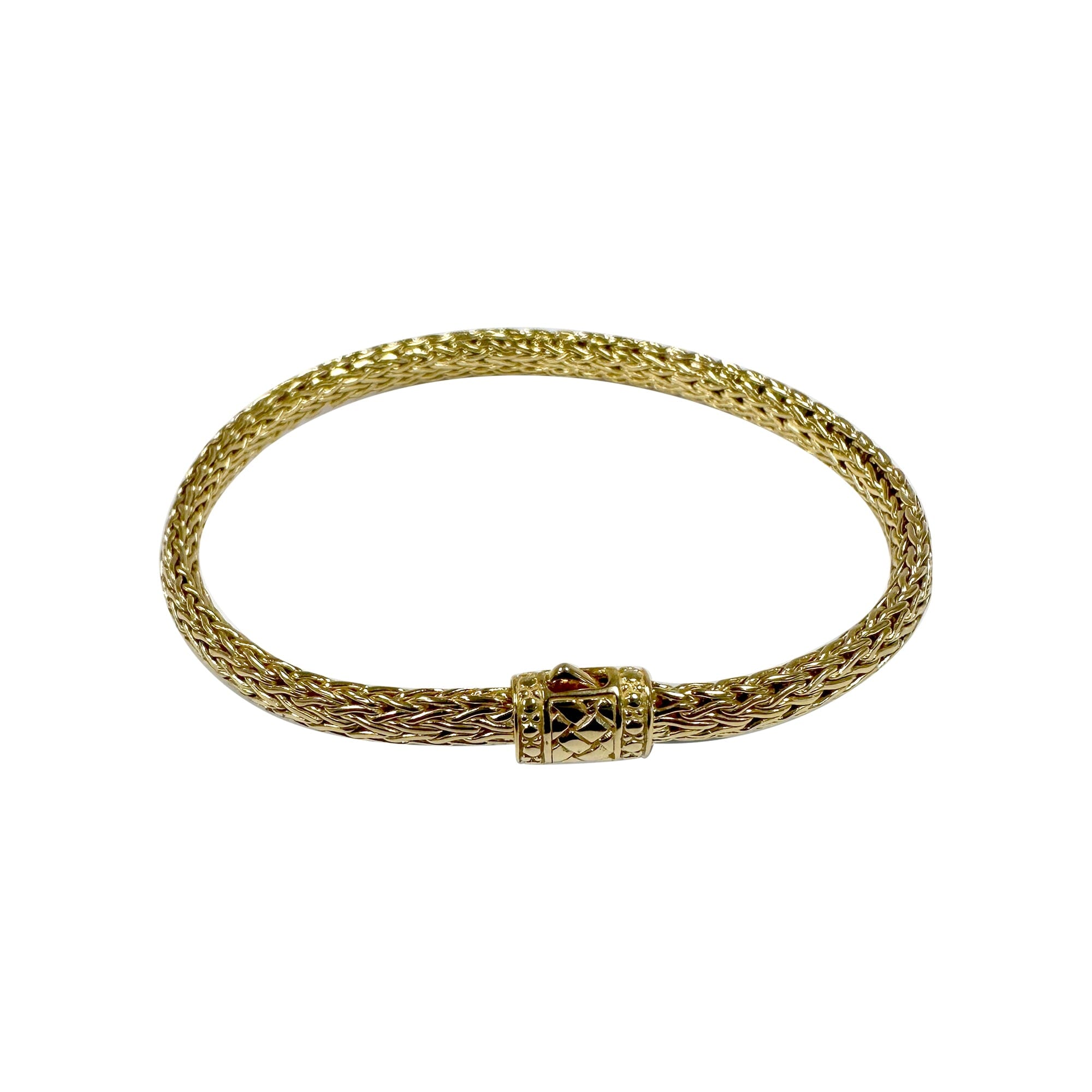 Wholesale 18K gold woven Bali chain bracelet featuring an ornate push clasp and high-polish finish, designed for premium inventory and upscale retail environments.