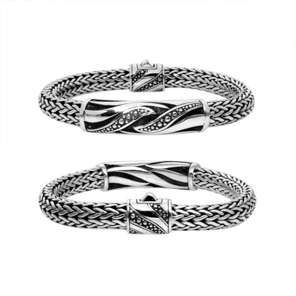 Wholesale sterling silver Bali woven bracelet featuring an engraved centerpiece and artistic push clasp, crafted for premium bulk jewelry inventory and luxury retail programs.
