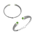 Wholesale sterling silver Bali engraved hinge cuff bracelet featuring vivid peridot quartz stones with polished–oxidized detailing, thoughtfully crafted for refined and artistic wholesale jewelry selection needs.