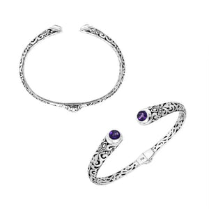 Wholesale sterling silver Bali engraved hinge cuff bracelet featuring vivid amethyst quartz accents with polished–oxidized detailing, crafted to suit premium artistic wholesale jewelry programs and curated bulk assortments.