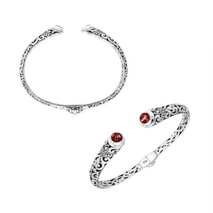 Wholesale sterling silver Bali engraved hinge cuff bracelet featuring vibrant red garnet quartz ends and polished–oxidized detailing, expertly crafted for premium and artistic wholesale jewelry collections.