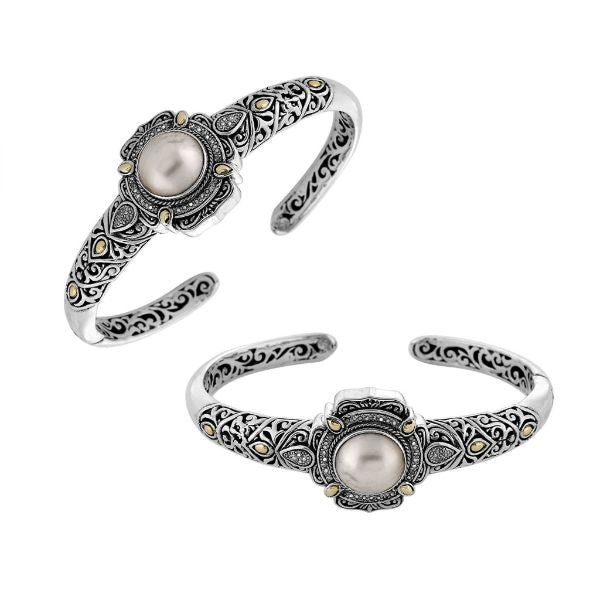 Sterling Silver With 18K Gold Balinese Cuff Bracelet Featuring Mabe Pearl Center And Diamond Accents With Intricate Engraving