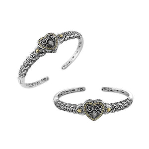 Wholesale Sterling Silver With 18K Gold Diamond Carved Heart Cuff Bracelet