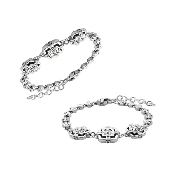 Wholesale Sterling Silver With 18K Gold Diamond Square Floral-Link Bracelet