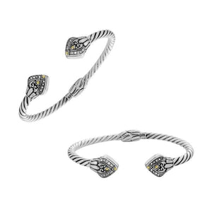 Wholesale Sterling Silver With 18K Gold Diamond Double Heart Cable Cuff Bracelet