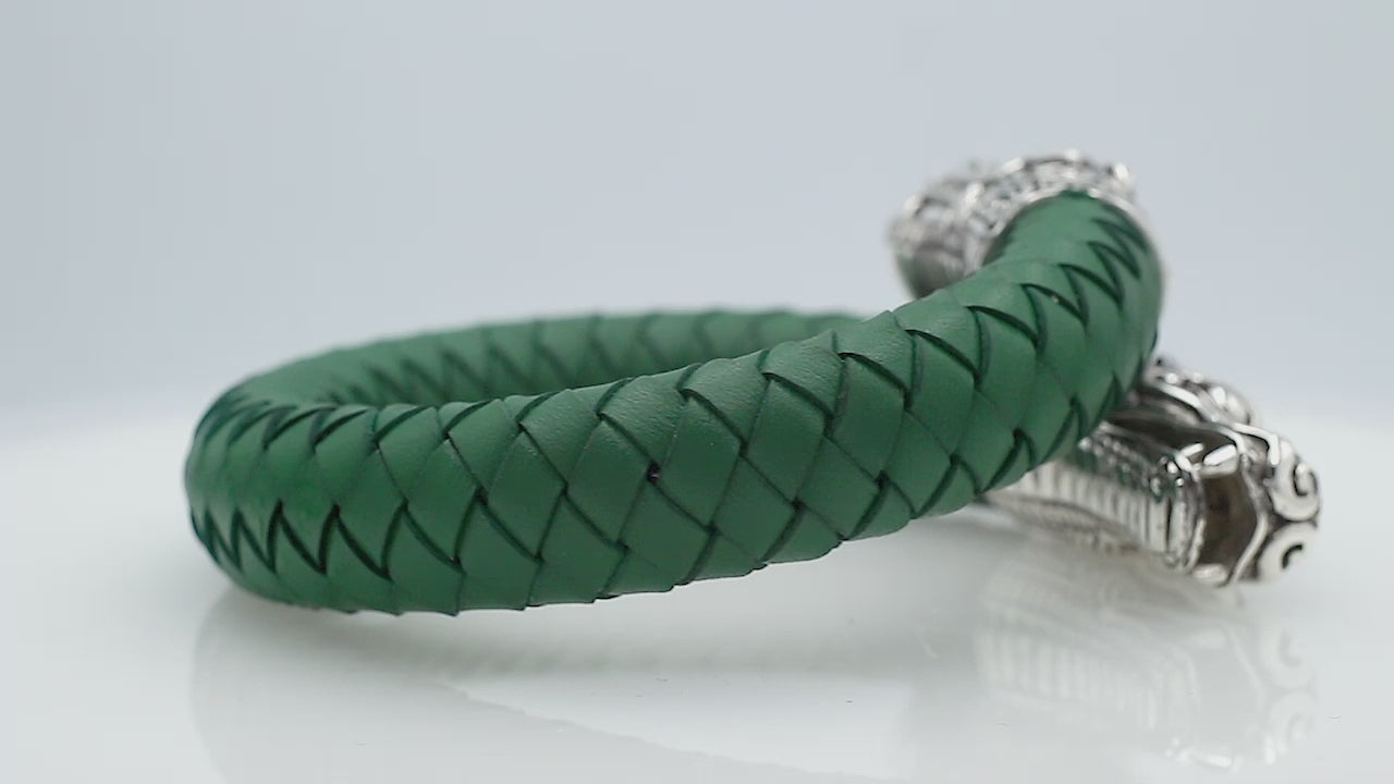 925 Sterling Silver Dragon Bracelet With Green Leather On White Background