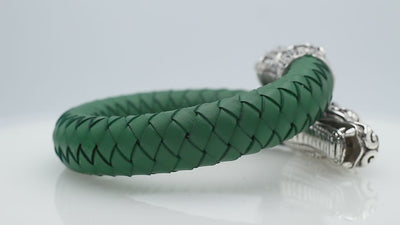 925 Sterling Silver Dragon Bracelet With Green Leather On White Background
