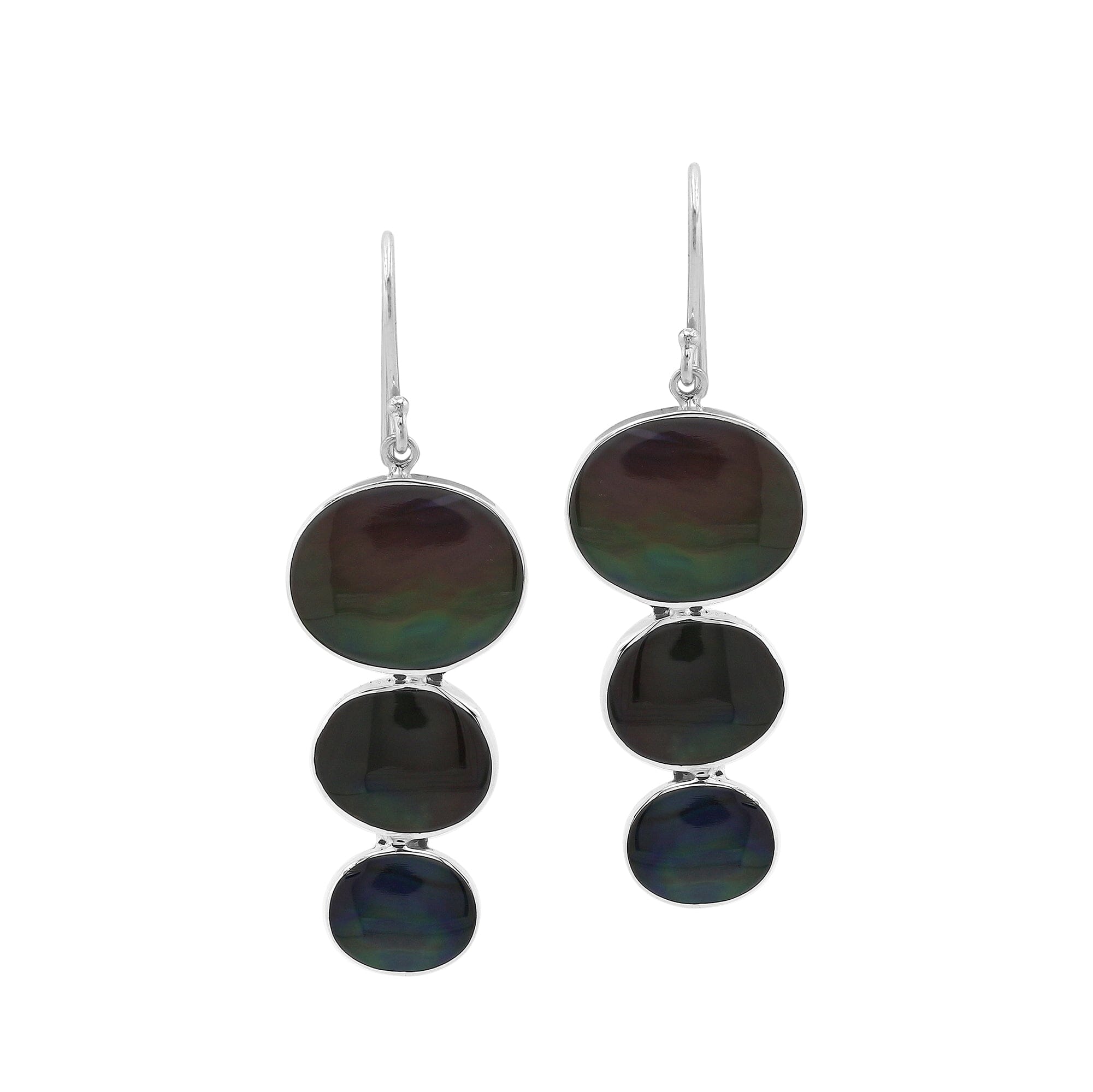 Wholesale sterling silver earrings with triple round black shell inlays, handcrafted in Bali