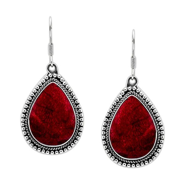 AE-1012-CR Sterling Silver Hand Crafted Pear Shape Earring With Coral Jewelry Bali Designs Inc 