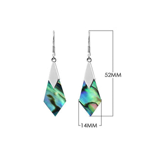 Wholesale sterling silver Abalone shell drop earrings with geometric cut design, iridescent hues, and artisan silver accents for bulk jewelry orders.