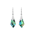 Wholesale sterling silver Abalone shell drop earrings with geometric cut design, iridescent hues, and artisan silver accents for bulk jewelry orders.
