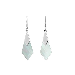 Wholesale sterling silver Mother of Pearl drop earrings with geometric cut design, luminous iridescent finish, and artisan silver detailing for bulk buyers and retailers.