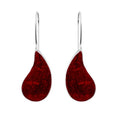 "Wholesale sterling silver teardrop earrings with genuine red coral inlay, handcrafted Bali jewelry for bulk orders."