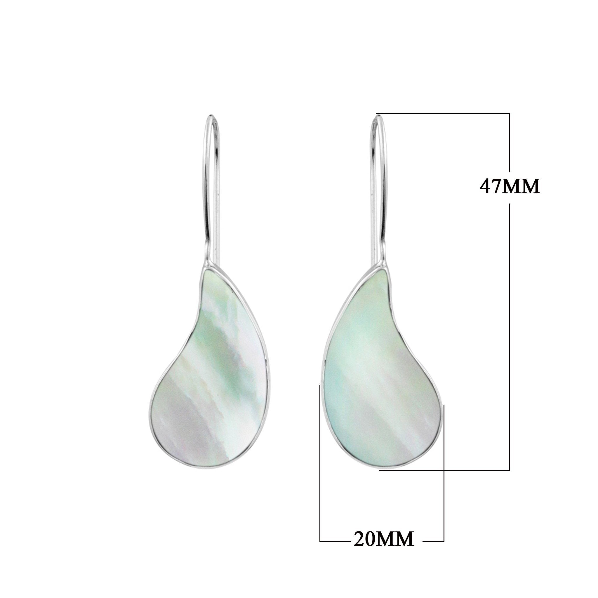 "Wholesale sterling silver teardrop earrings with luminous Mother of Pearl inlay, handcrafted Bali design, ideal for bulk jewelry buyers and resellers."