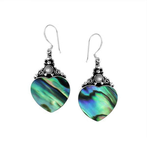"Wholesale sterling silver heart earrings with abalone shell inlay and pearl accents, handcrafted Bali design for bulk jewelry collections"