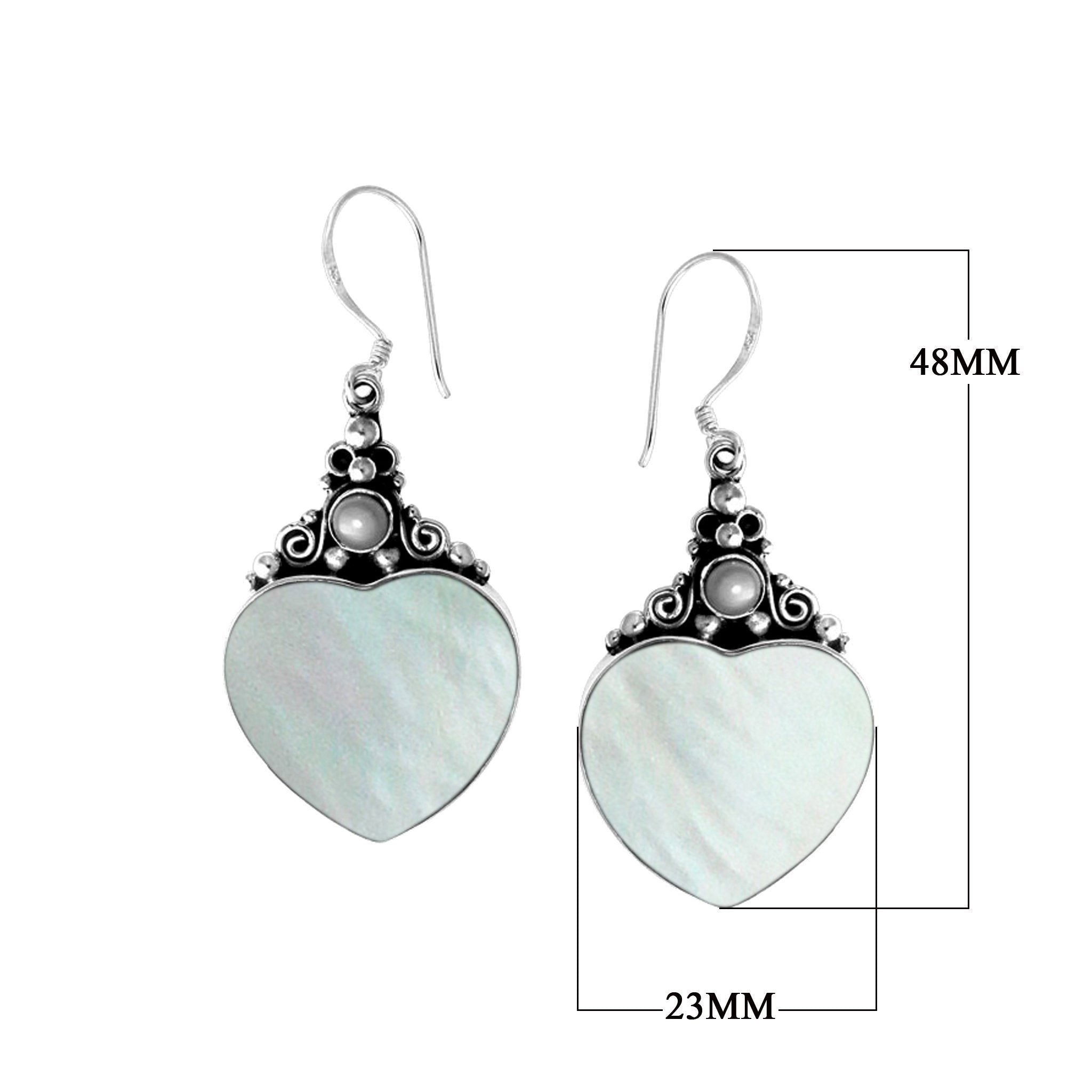 "Wholesale sterling silver heart earrings with Mother of Pearl and pearl accents, handcrafted Bali design jewelry"
