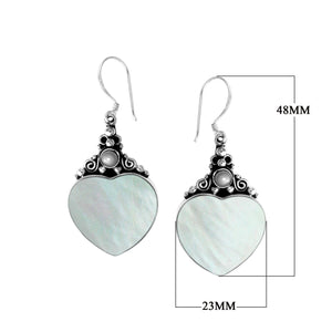 "Wholesale sterling silver heart earrings with Mother of Pearl and pearl accents, handcrafted Bali design jewelry"