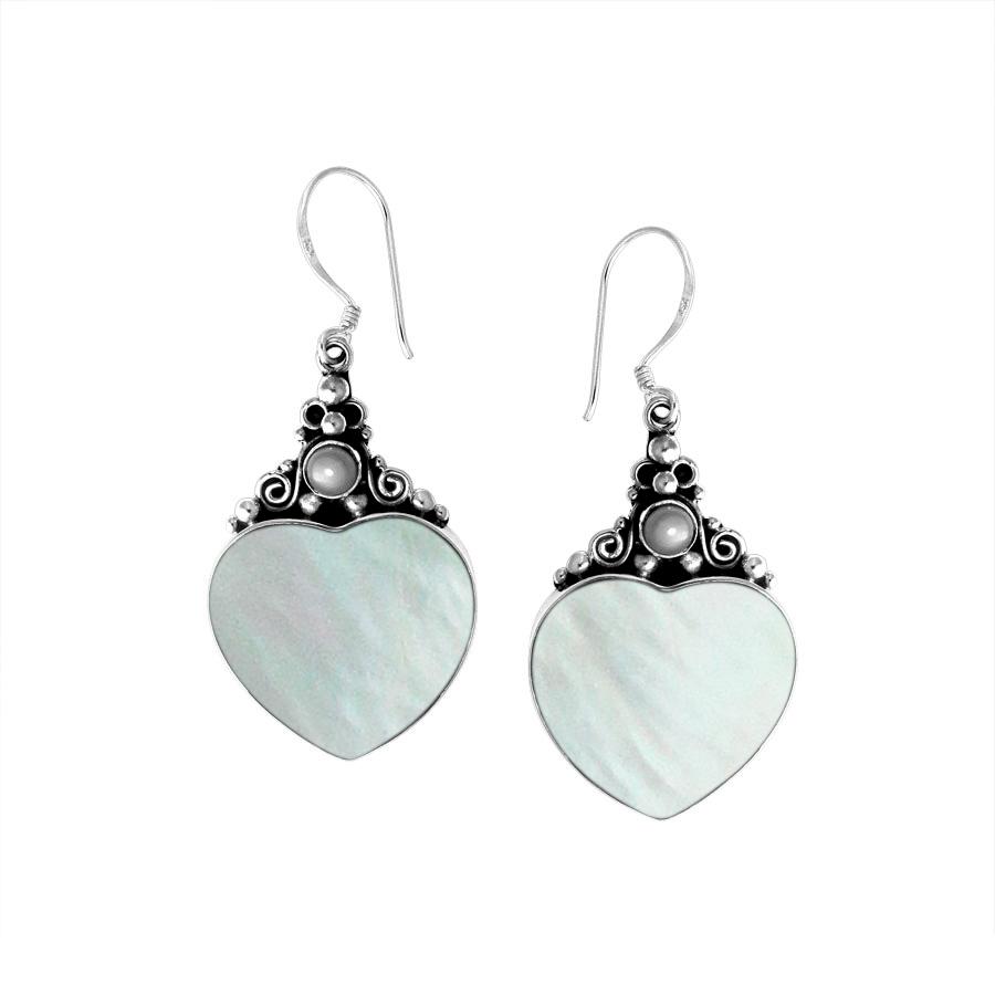 AE-1025-MOP Sterling Silver Heart Shape Earring With Mother Of Pearl & Pearl Jewelry Bali Designs Inc 