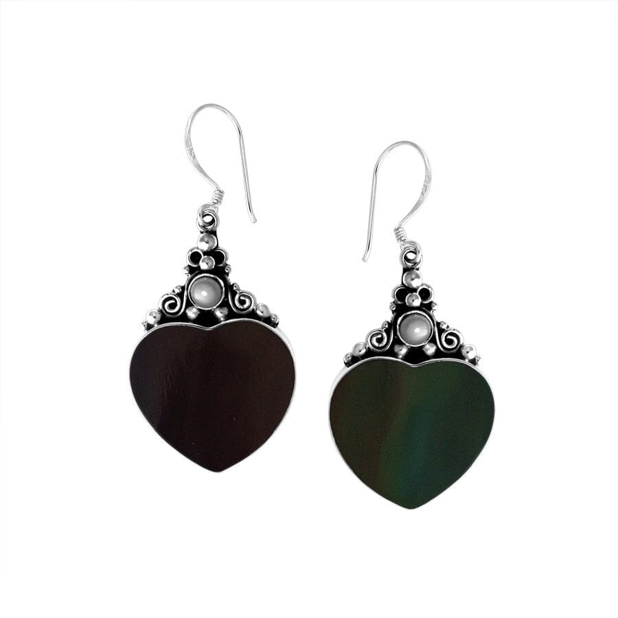 "Wholesale sterling silver black shell heart earrings with pearl accents, handcrafted Bali jewelry for bulk purchase"
