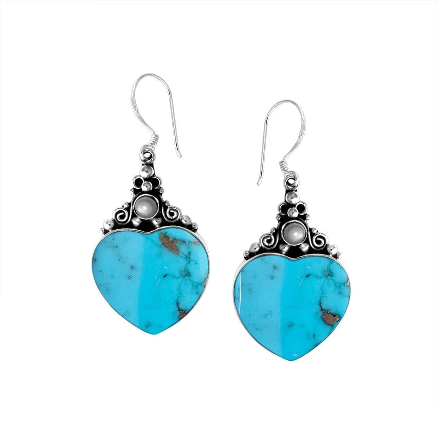 AE-1025-TQ Sterling Silver Heart Shape Earring With Turquoise & Pearl Jewelry Bali Designs Inc 