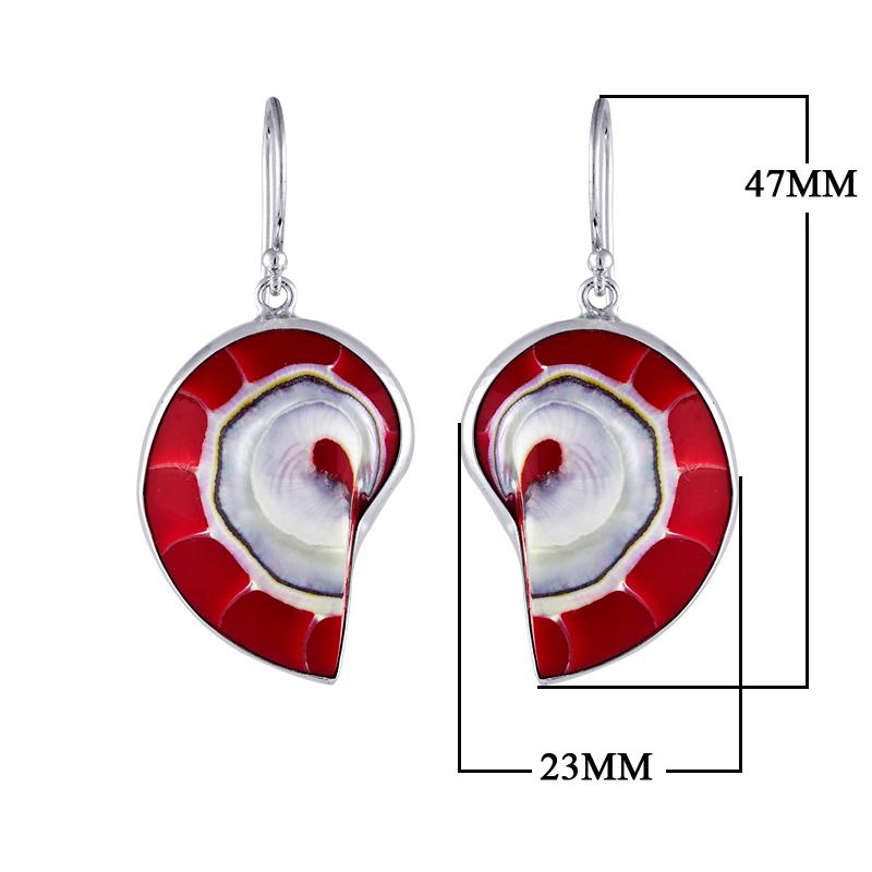 sterling silver red coral spiral shell drop earrings with open circle design