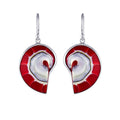 sterling silver red coral spiral shell drop earrings with open circle design