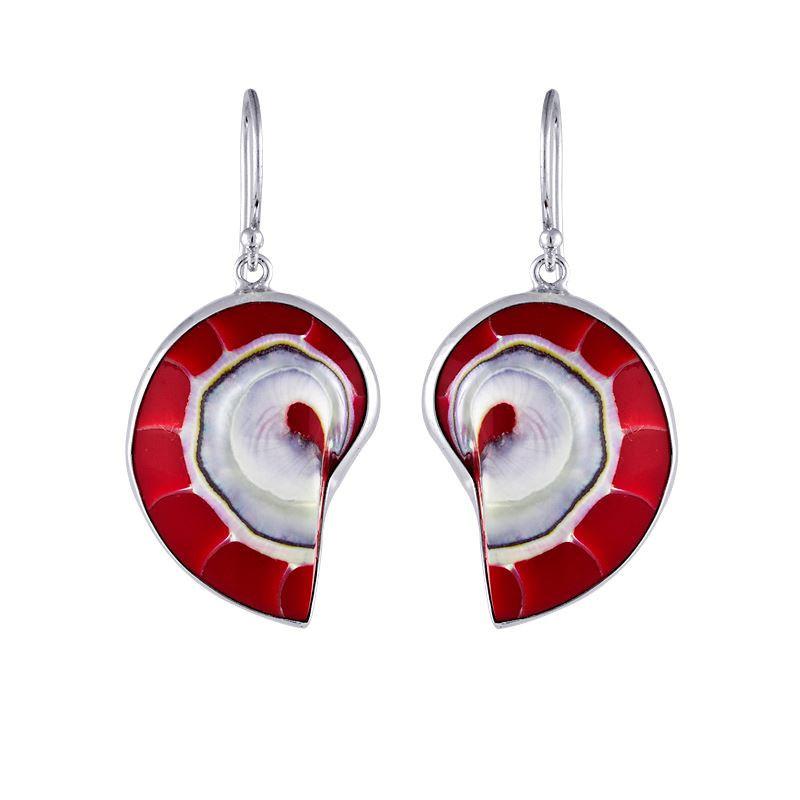 sterling silver red coral spiral shell drop earrings with open circle design
