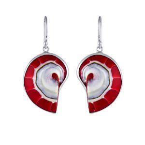 sterling silver red coral spiral shell drop earrings with open circle design