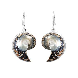 Wholesale sterling silver Nautilus Shell earrings with natural tiger shell inlay – handcrafted ocean-inspired jewelry for bulk buyers and retailers.
