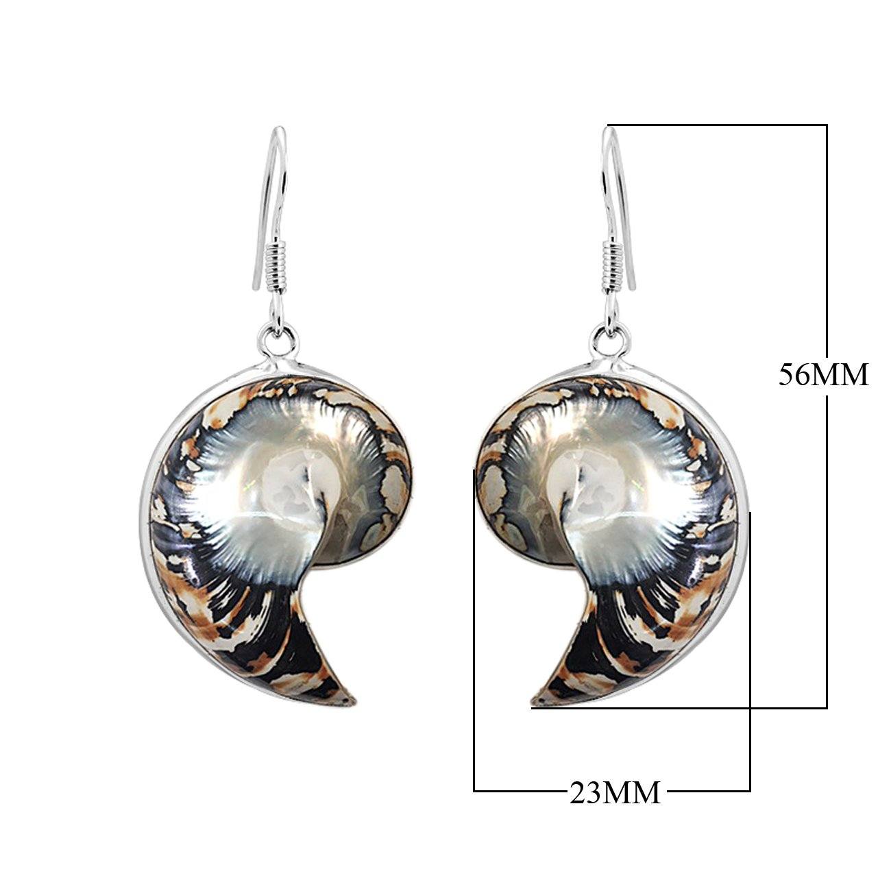 Wholesale sterling silver Nautilus Shell earrings with natural tiger shell inlay – handcrafted ocean-inspired jewelry for bulk buyers and retailers.