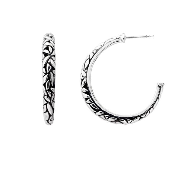 Wholesale sterling silver hoop earrings with handcrafted Bali leaf design
