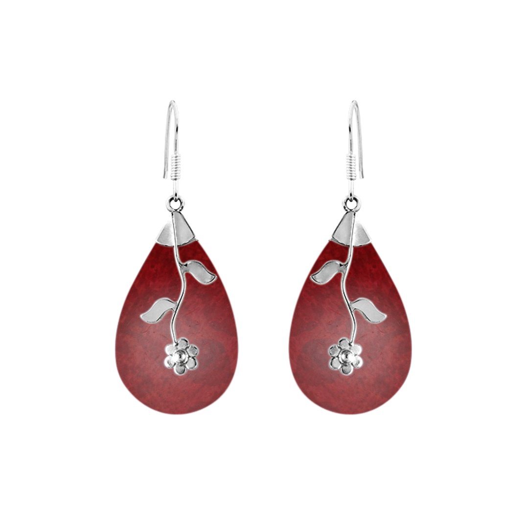 Sterling silver red shell teardrop earrings with floral vine design for wholesale jewelry buyers
