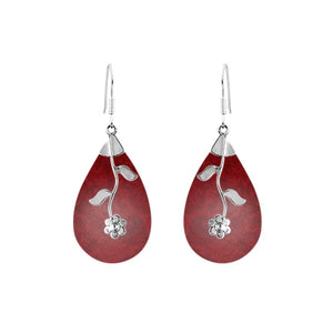 Sterling silver red shell teardrop earrings with floral vine design for wholesale jewelry buyers