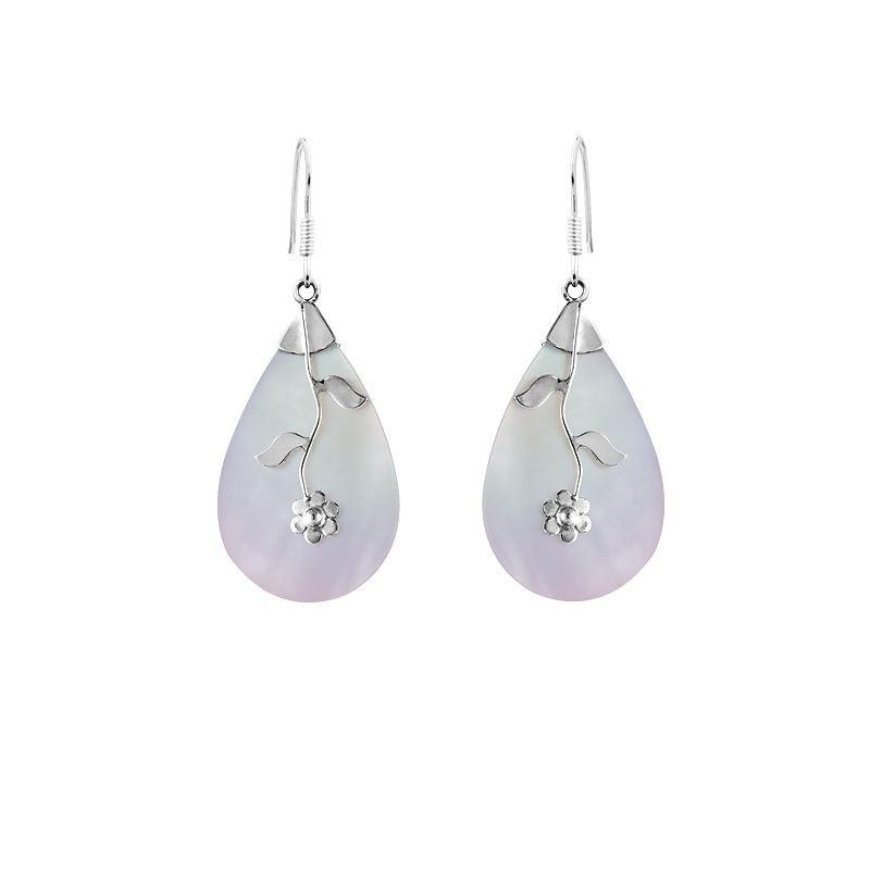 Sterling silver mother of pearl teardrop earrings with floral vine design for wholesale jewelry buyers