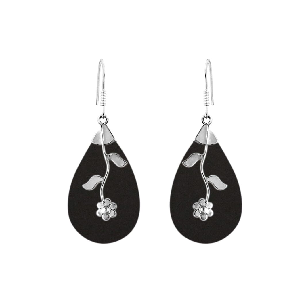 Sterling silver black shell teardrop earrings with floral vine design for wholesale jewelry buyers