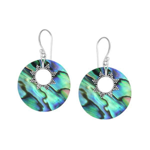 Sterling silver abalone shell round earrings with sunburst accent for wholesale jewelry buyers