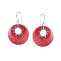 Sterling silver red shell round earrings with sunburst accent for wholesale jewelry buyers